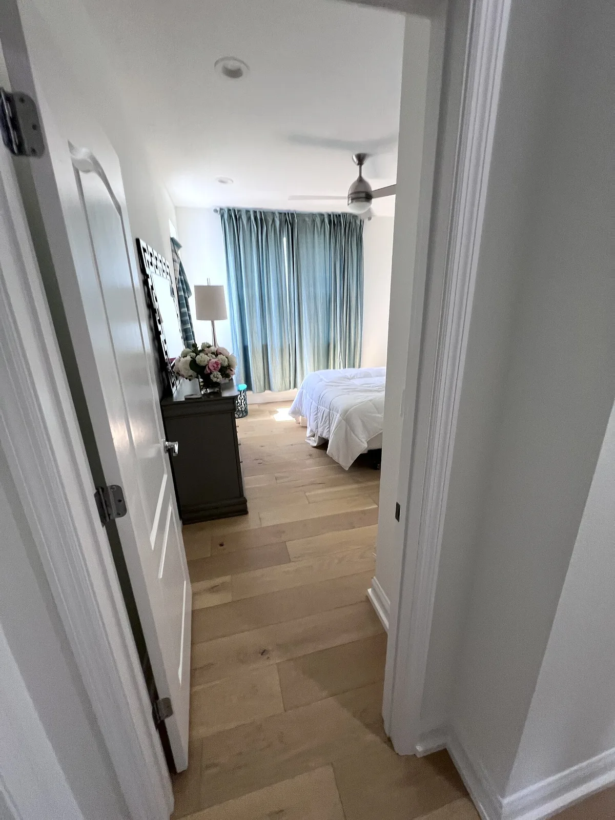 Completed engineered hardwood through the upstairs hallway