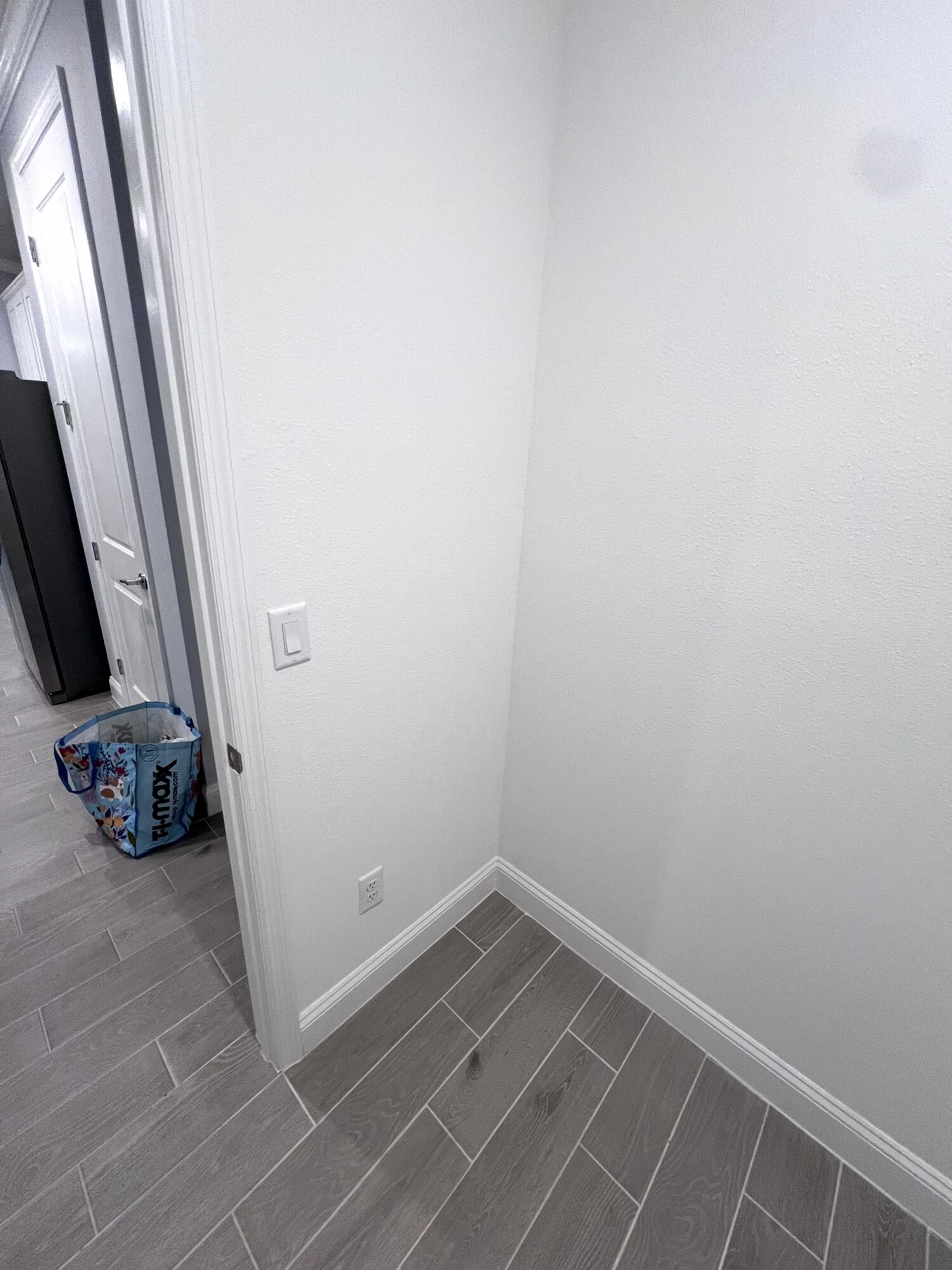 Empty wall beside the utility room before the tall cabinet installation