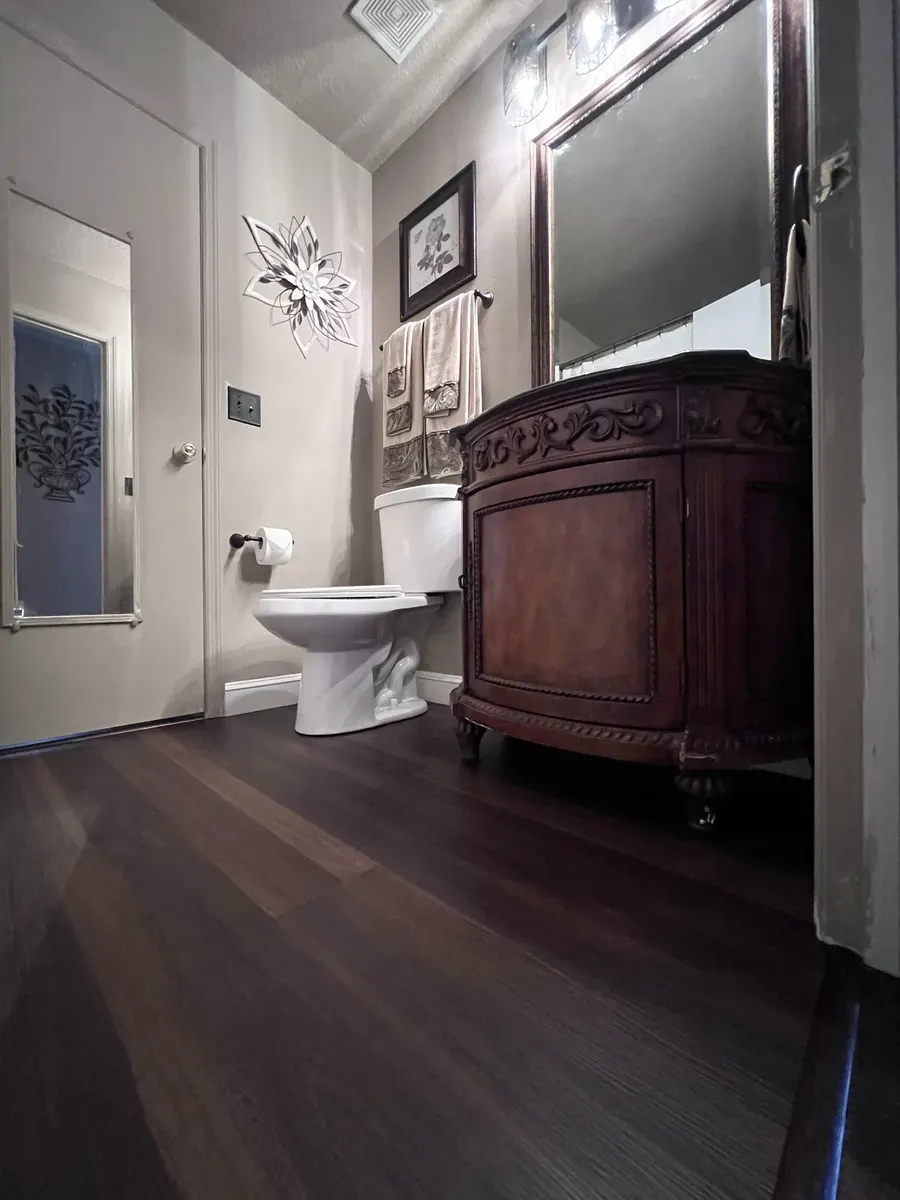 Wide view of the completed bathroom update