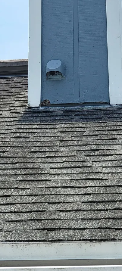 Chimney exterior before the damaged siding and framing were removed