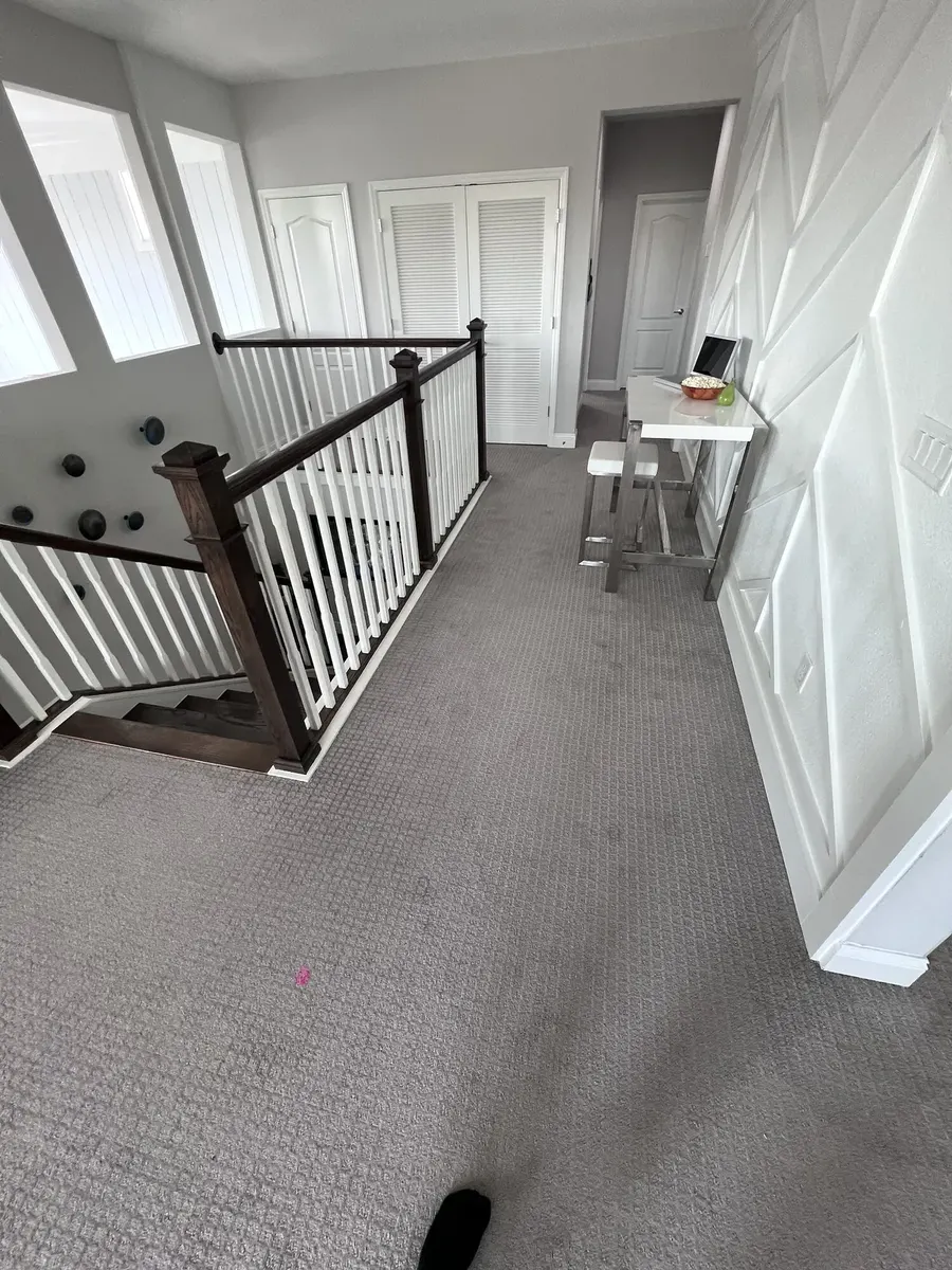 Carpeted room before engineered hardwood installation