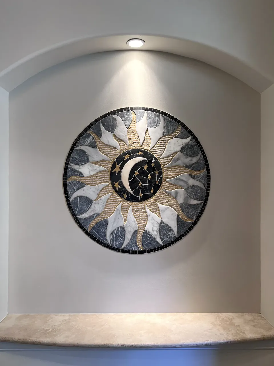 Wide view of the completed moon mosaic installation