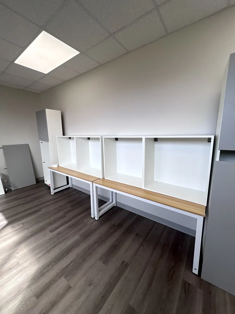Long cabinet run taking shape above the work surface