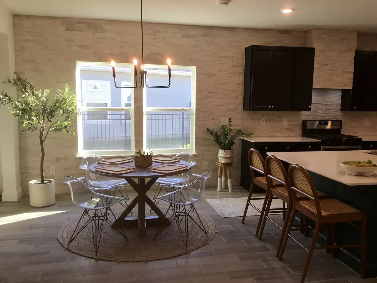 Wide view of the completed marble kitchen and dining update